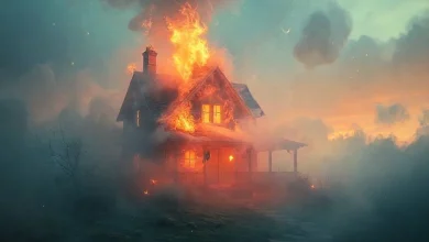 Rüyada ev yangını görmek: Yoğun dumanlar ve alevler içinde bir evin rüya tabiri görseli.