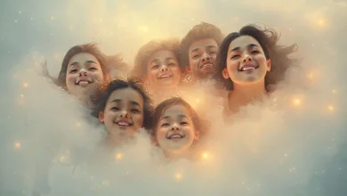 Aileyle birlikte gökyüzünde uçan rüya figürleri, yükseliş ve özgürlük temasını işleyen bir görsel.