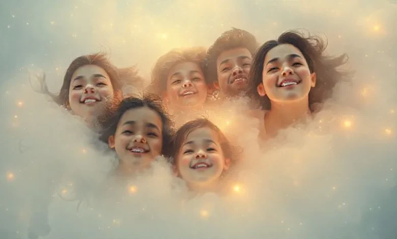 Aileyle birlikte gökyüzünde uçan rüya figürleri, yükseliş ve özgürlük temasını işleyen bir görsel.